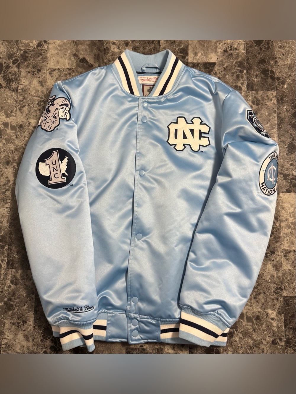 Mitchell & Ness Light Blue Satin NC Embroidered Varsity Jacket